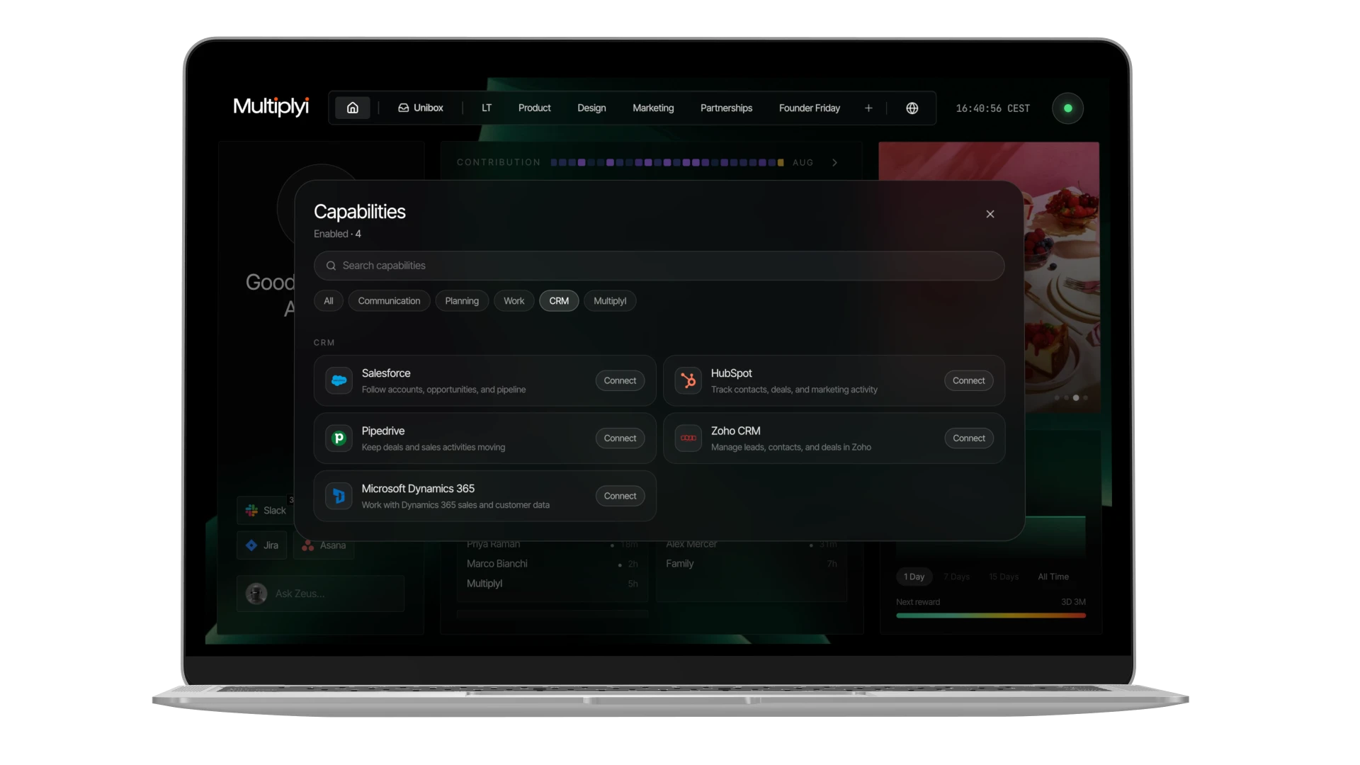 Multiplyi capabilities panel showing CRM services ready to connect